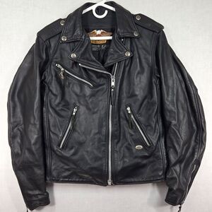 VTG Harley Davidson Leather Motorcycle Jacket USA Made Womens Small Long Black